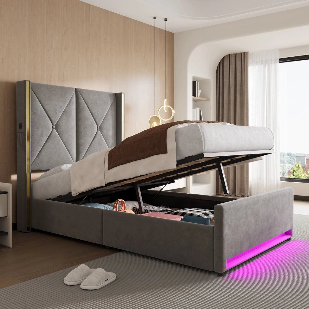 LETTO Contenitore 90x200 cm in velluto grigio scuro con USB, LED e tasche laterali