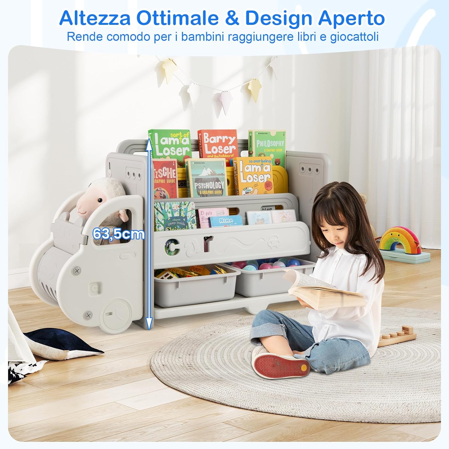 Scaffale per Giocattoli e Libri per Bambini, Libreria a Forma di Auto con 3 Ripiani 2 Scatole, Organizzatore Salvaspazio per Camera Stanza dei Giochi Asilo