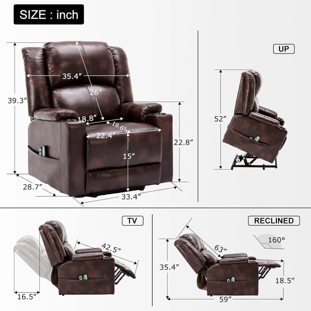 Poltrona Relax Reclinabile Poltrone Relax Elettriche Schienale Regolabile, Poggiapiedi Retrattile, con 2 Portabicchieri, Tasche Laterali, Supporto per Stare in Piedi, Pelle PU Marrone