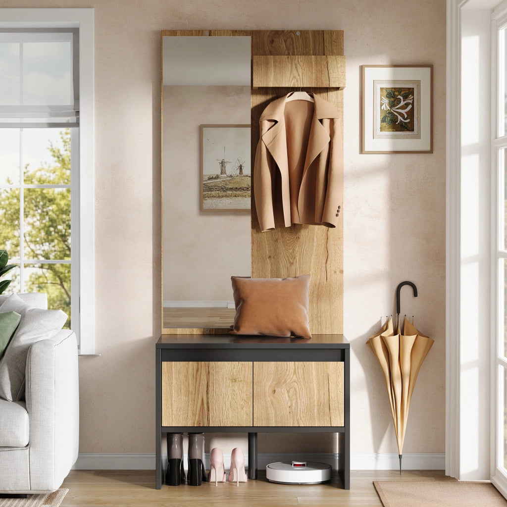 Mobile ingresso con 2 cassetti; ganci e specchio - per ingresso - in truciolare - 60×38×145 cm - naturale