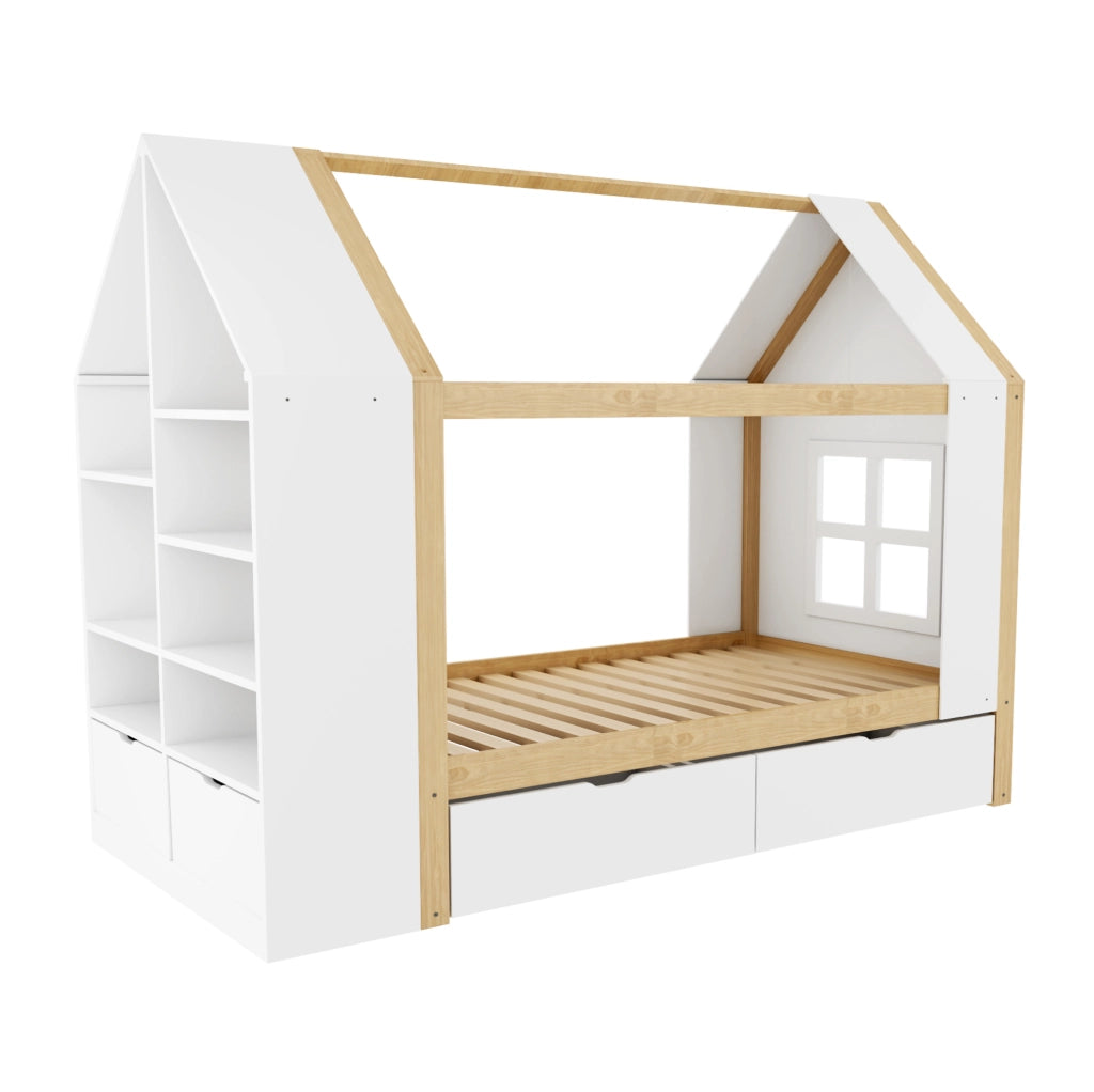 Letto per bambini a casetta 90x200 cm con cassetti, vano contenitivo e LED
