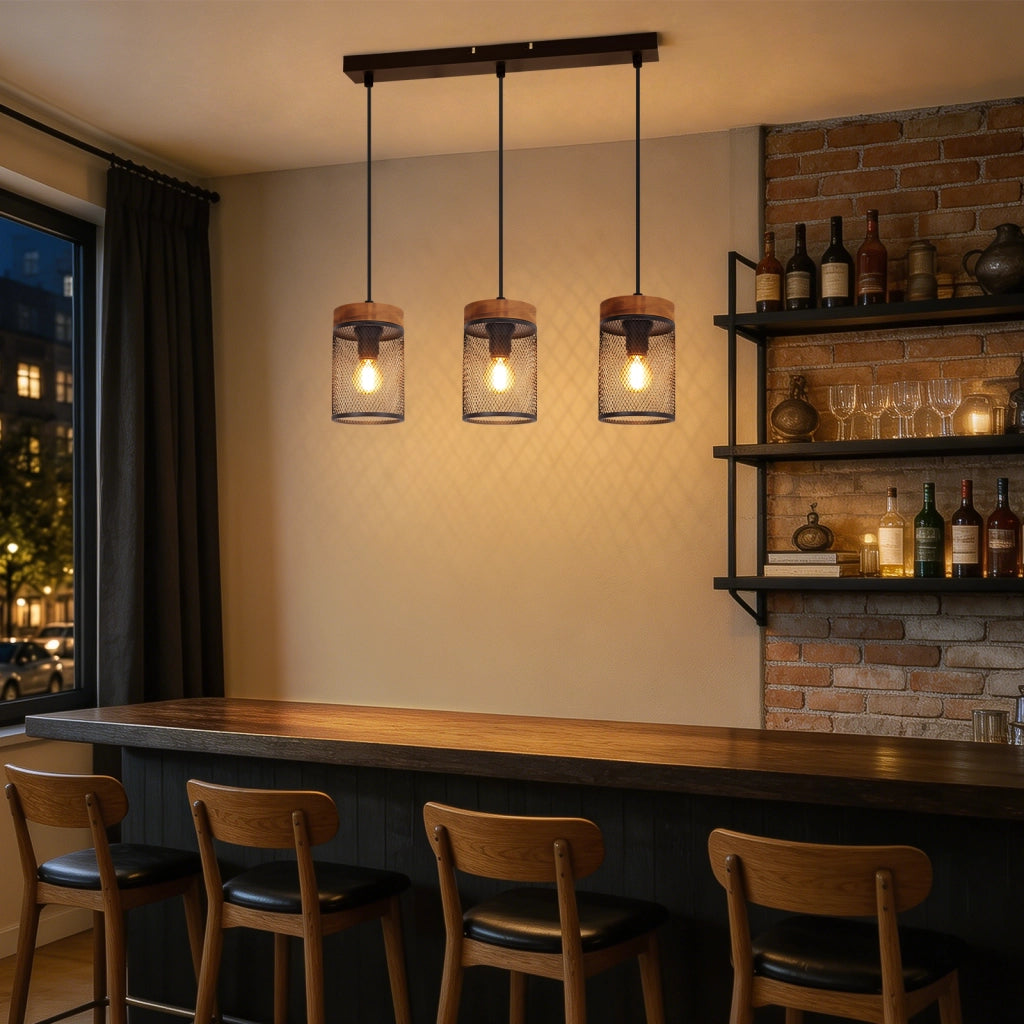 ZMH Lampada a Sospensione Vintage Legno Nero 3 Luci E14 Industriale per Soggiorno Sala da Pranzo Cucina Senza Lampadina