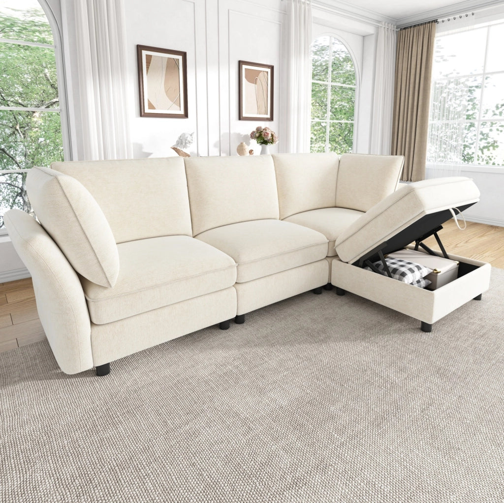 Divano angolare modulare 4 posti con pouf contenitore in ciniglia beige