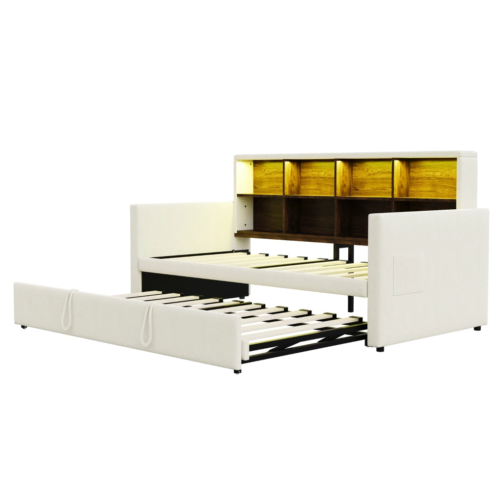 OKWISH Letto Estraibile Singolo con Contenitore, LED, USB e Tipo C, 90 x 190 cm, senza Materasso, Beige