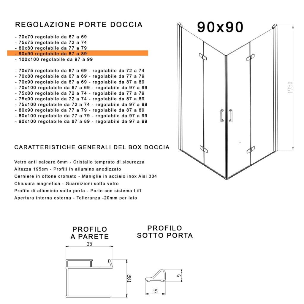 Box doccia 2 lati a soffietto trasparente senza profili 6mm h195 anticalcare rea, misura 90x90