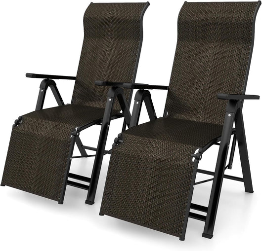 Sedie Pieghevoli e Reclinabili in Rattan, Chaise Longue Portatile con Schienale Regolabile, Sedia a Sdraio da Esterno con Braccioli Ampi, Struttura in Acciaio, per Interno ed Esterno (2)
