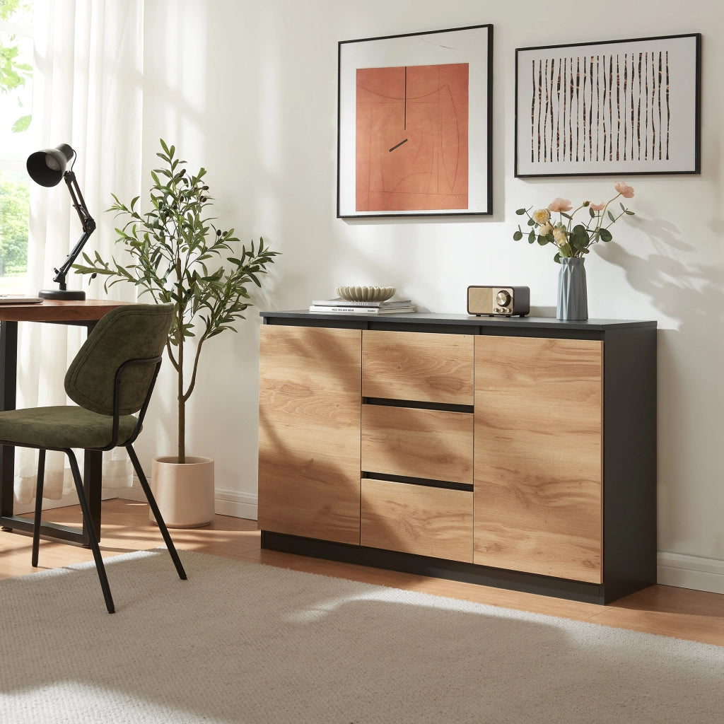 Credenza Mobile Contenitore Kyr Comò con 2 Ante e 3 Cassetti 120 x 35 x 75 cm - Nero/Effetto Rovere Rustico [en.casa]