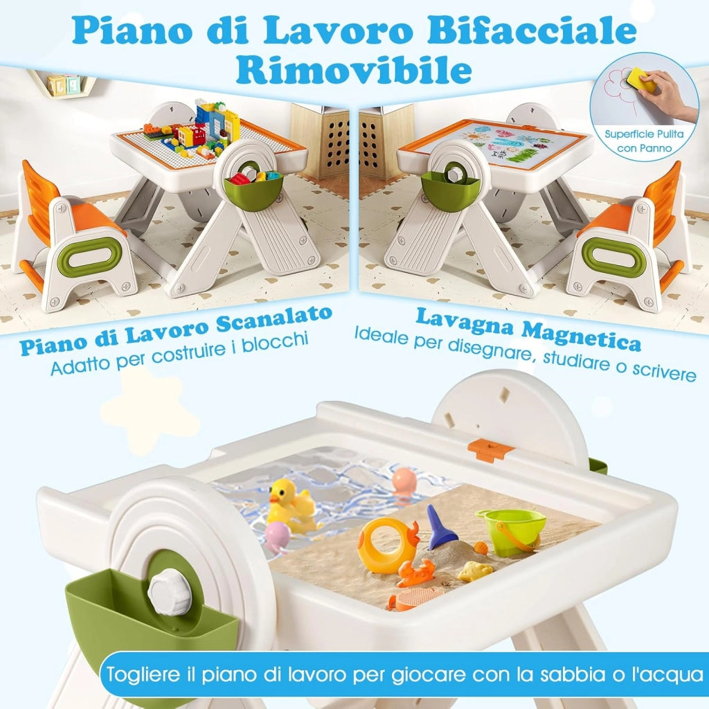 Set Tavolo e Sedia 6 in 1 per Bambini 18+ Mesi, Tavolino Pieghevole con Piano Reversibile, Porta Penne, Cesti Contenitori e Scaffale, Tavolo Salvaspazio per Giochi per Cameretta (Arancione)