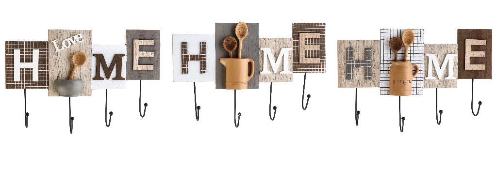1 Pezzo Appendino in Legno MDF e Metallo 4 Ganci 33 x 5 x 18 cm 3 Modelli