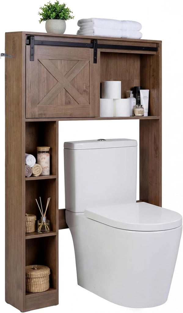 Mobile Salva Spazio Sopra WC, Organizzatore del Bagno in Legno con Porta e 3 Ripiani di Stoccaggio, per Bagno Lavanderia, 84x17x128 cm (Marrone Scuro)