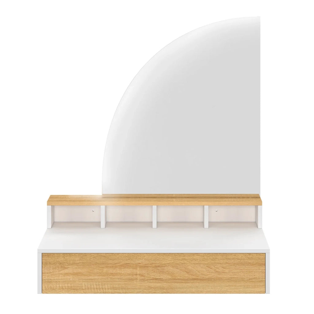 IDMarket - ZELIA, tavolo da toilette sospeso con specchio LED, 4 nicchie, 1 cassetto, legno e bianco