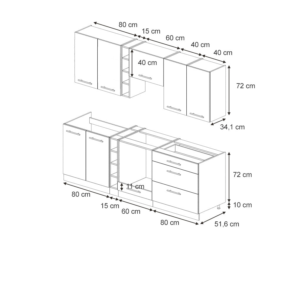 Vicco Cucina componibile Pannello in rovere/rovere goldkraft 235 cm senza piano di lavoro