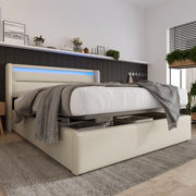 Letto matrimoniale imbottito 140x200 cm con contenitore e LED, bianco