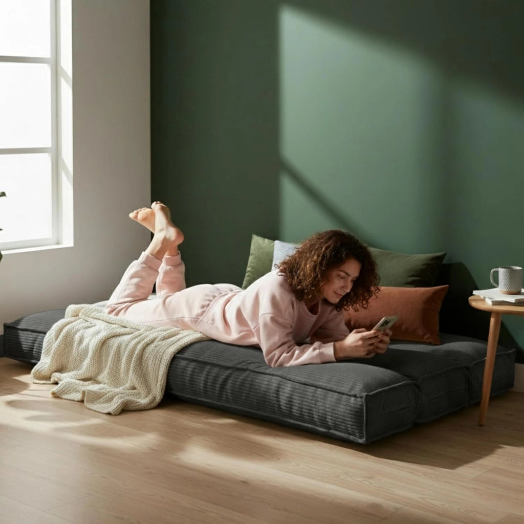 Futon Giapponese 1 Persona Comodo e Spesso, Prodotto in Francia, Sfoderabile, Materassino Pieghevole, Tatami Giapponese Pratico–Letto Singolo, Cinghia di Fissaggio inclusa (90 x 190 cm, Grigio Scuro)