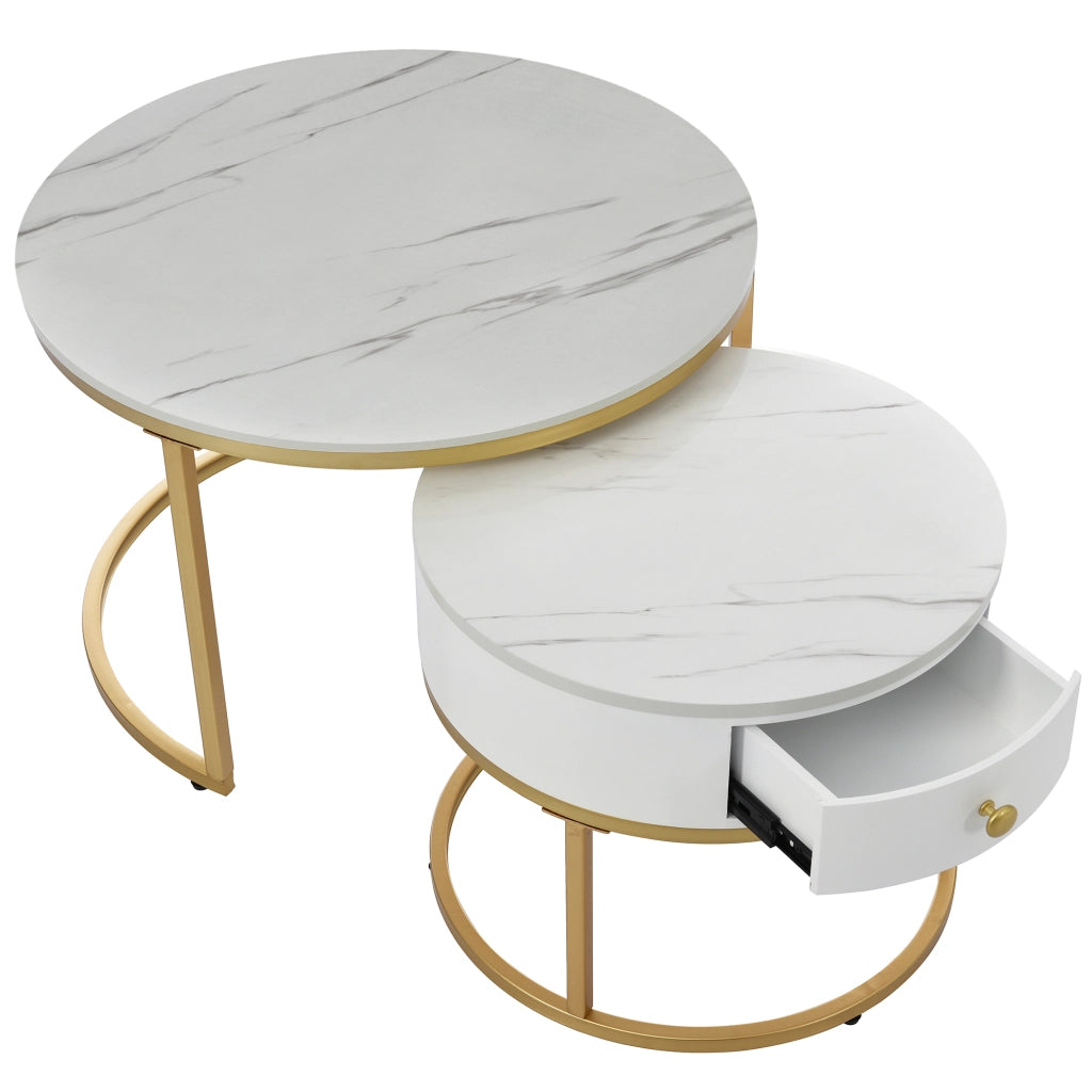 Tavolini da caffè impilabili set 2 con piano effetto marmo per soggiorno in MDF bianco