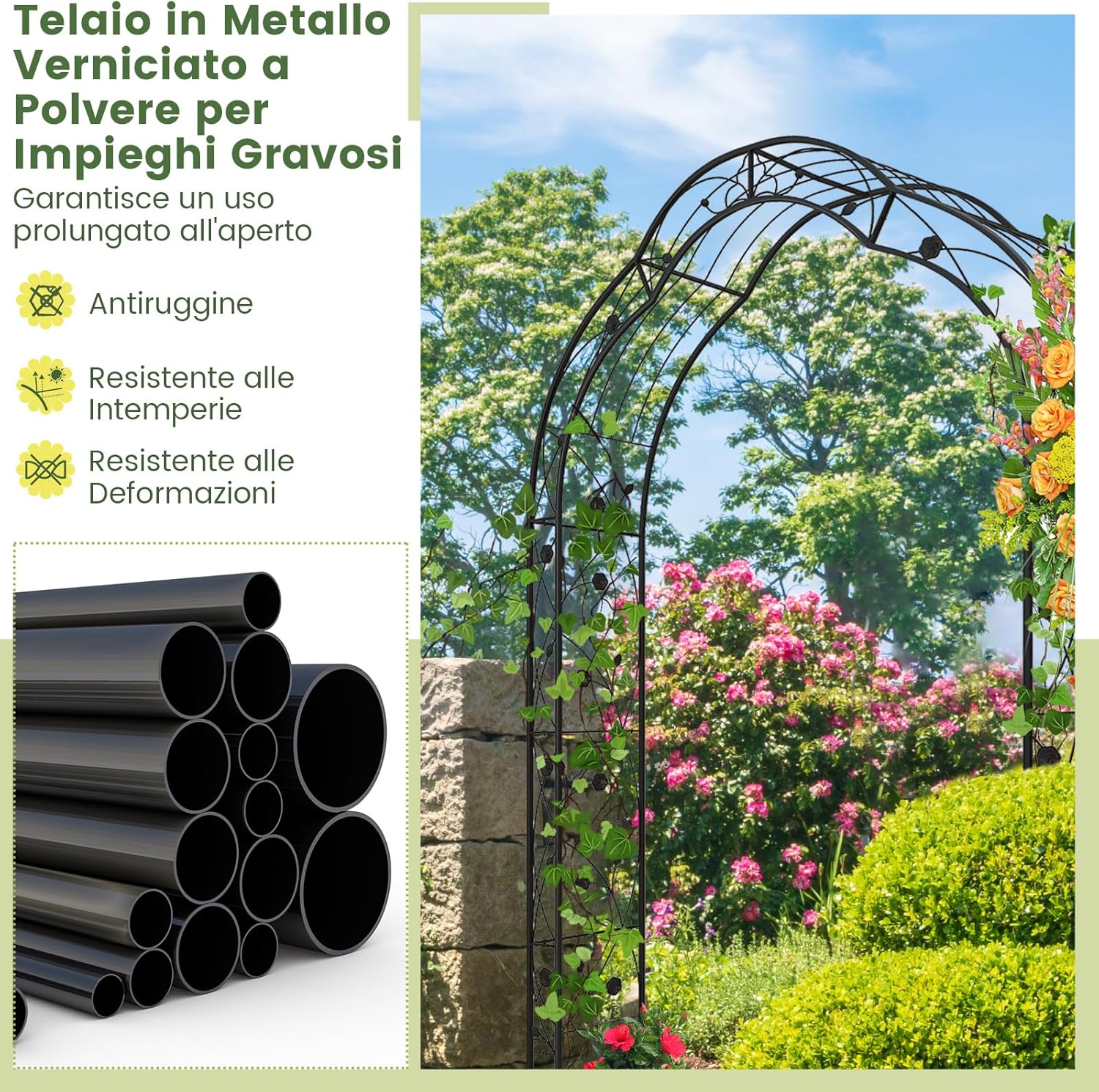 Arco da Giardino con Traliccio 250CM, 2 Mezzi Archi Trasformabili in Varie Forme, Pergolato in Metallo per Piante Rampicanti e Rose Viti, Decorazioni da Giardino per Matrimoniali