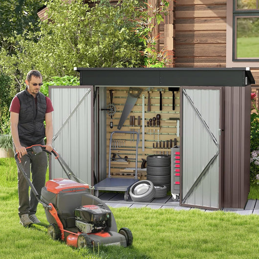 Casetta Attrezzi Giardino in Metallo, Capanno per Attrezzi con 2 Porte e 2 Finestre per Ventilazione, 235 x 117 x 185 cm, Ripostiglio da Esterno con 2 Paia di Guanti (Grigio Caldo)