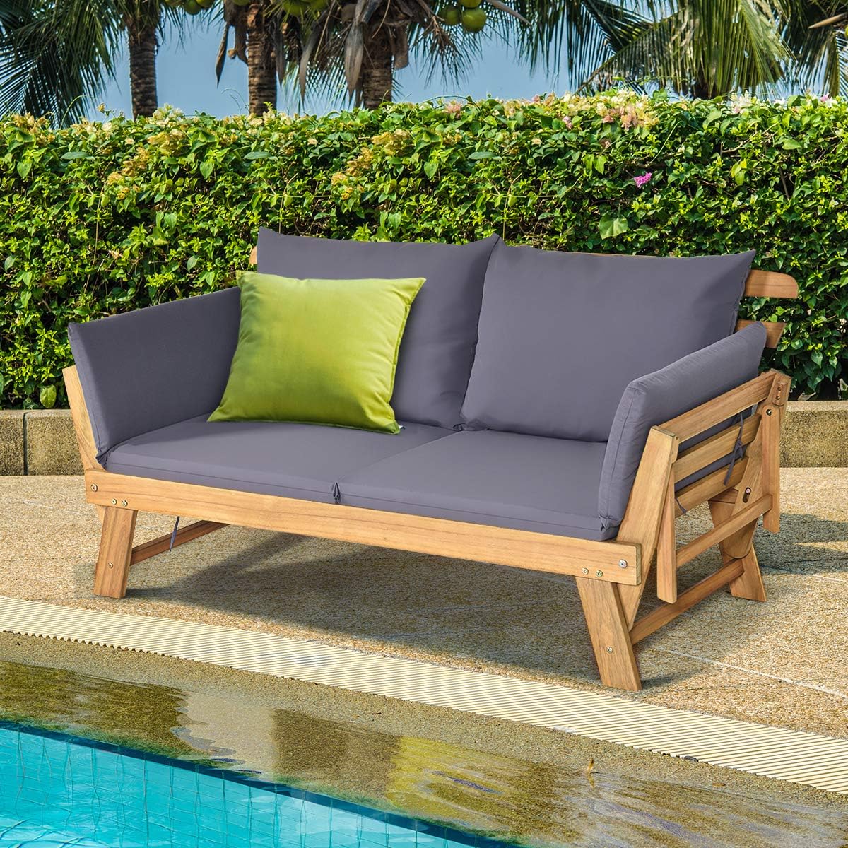 Divano Letto 2 Posti da Esterno in Legno di Acacia con Braccioli Regolabili, Sdraio da Giardino con Cuscini, Chaise longue Pieghevole per Giardino, Piscina, Cortile
