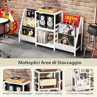 Supporto per Giradischi per Vinili, Porta Giradischi Vinili Fino a 200 Album con 3 Ripiani, 6 Tasche di Archiviazione e Struttura in Metallo, per Casa Studio e Caffè, 125x30x69 cm (Bianco)
