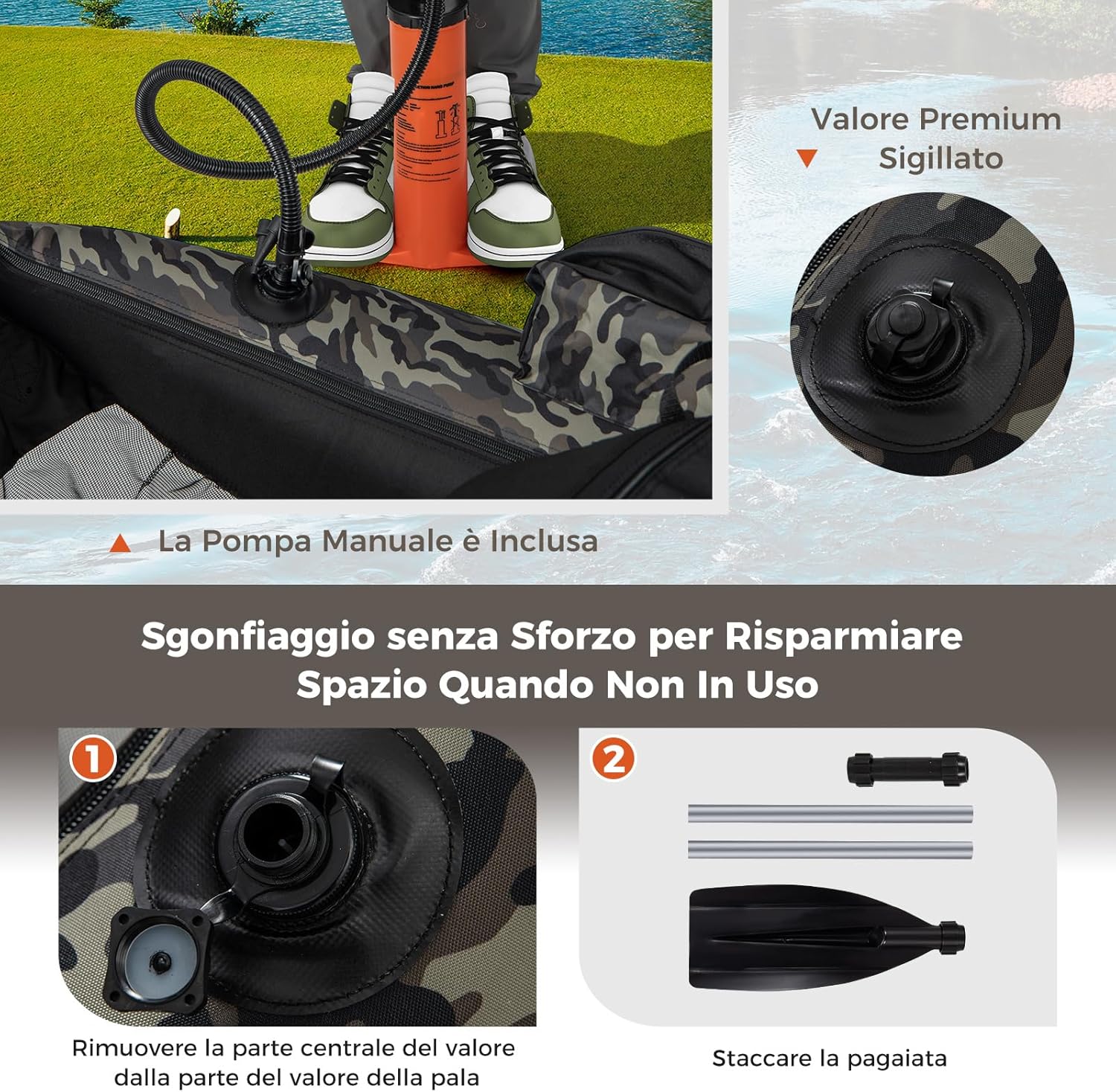 Belly Boat da Pesca Portatile, Gommone Gonfiabile da Pesca con Porta Canne Regolabile, Pompa, Pagaia in Alluminio, Spallacci e Kit di Riparazione, Barca da Mare con 2 Pinne, capacità 160kg