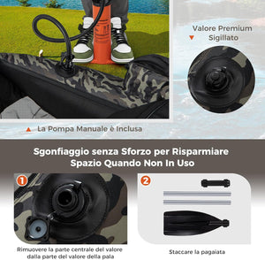 Belly Boat da Pesca Portatile, Gommone Gonfiabile da Pesca con Porta Canne Regolabile, Pompa, Pagaia in Alluminio, Spallacci e Kit di Riparazione, Barca da Mare con 2 Pinne, capacità 160kg