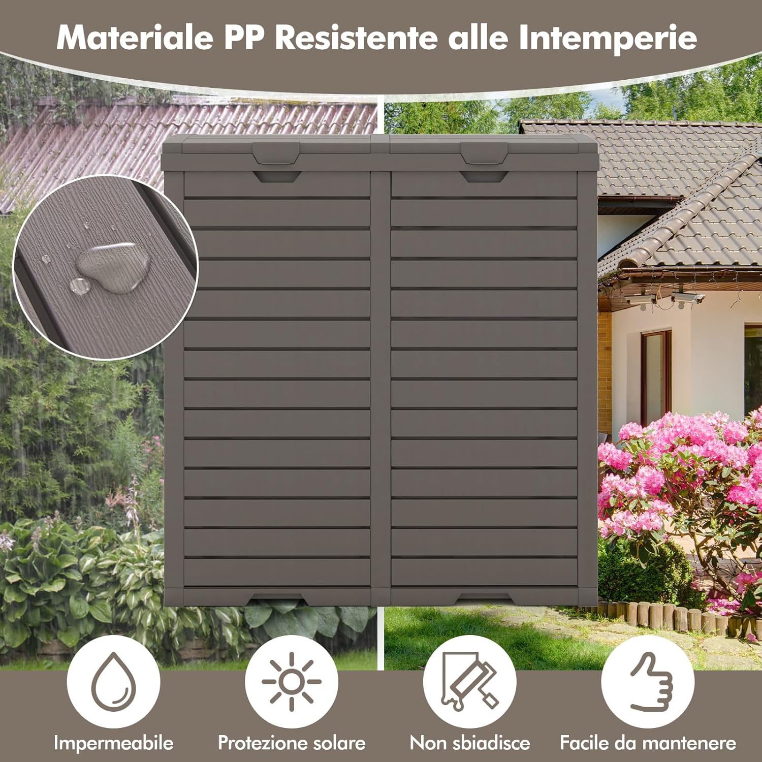 Pattumiera per Rifiuti Esterno e Interno 235 L, Contenitore per Raccolta Differenziata a Doppio Secchio Impermeabile con Coperchio, Vassoio e Maniglia, Bidone per Terrazza e Cucina (Marrone)