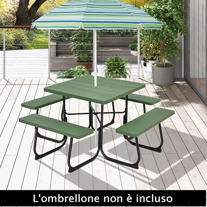 Set Tavolo da Picnic Quadrato con Panche per 8 Persone, Tavolo da Picnic con 4 Panche e Foro per Ombrellone, con Telaio in Metallo, Ogni Panca Portata 225 kg, per Giardino, Cortile (Verde)