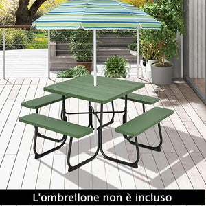 Set Tavolo da Picnic Quadrato con Panche per 8 Persone, Tavolo da Picnic con 4 Panche e Foro per Ombrellone, con Telaio in Metallo, Ogni Panca Portata 225 kg, per Giardino, Cortile (Verde)