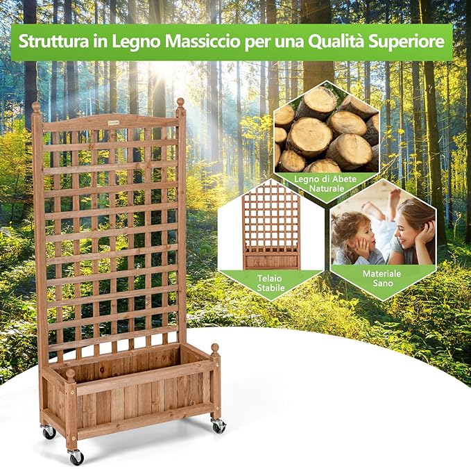 Fioriera in Legno Massiccio con Traliccio, Letto per Piante Rampicanti con Grigliato, Ruote Bloccabili e Foro di Drenaggio, Fioriera da Giardino, Terrazza e Cortile