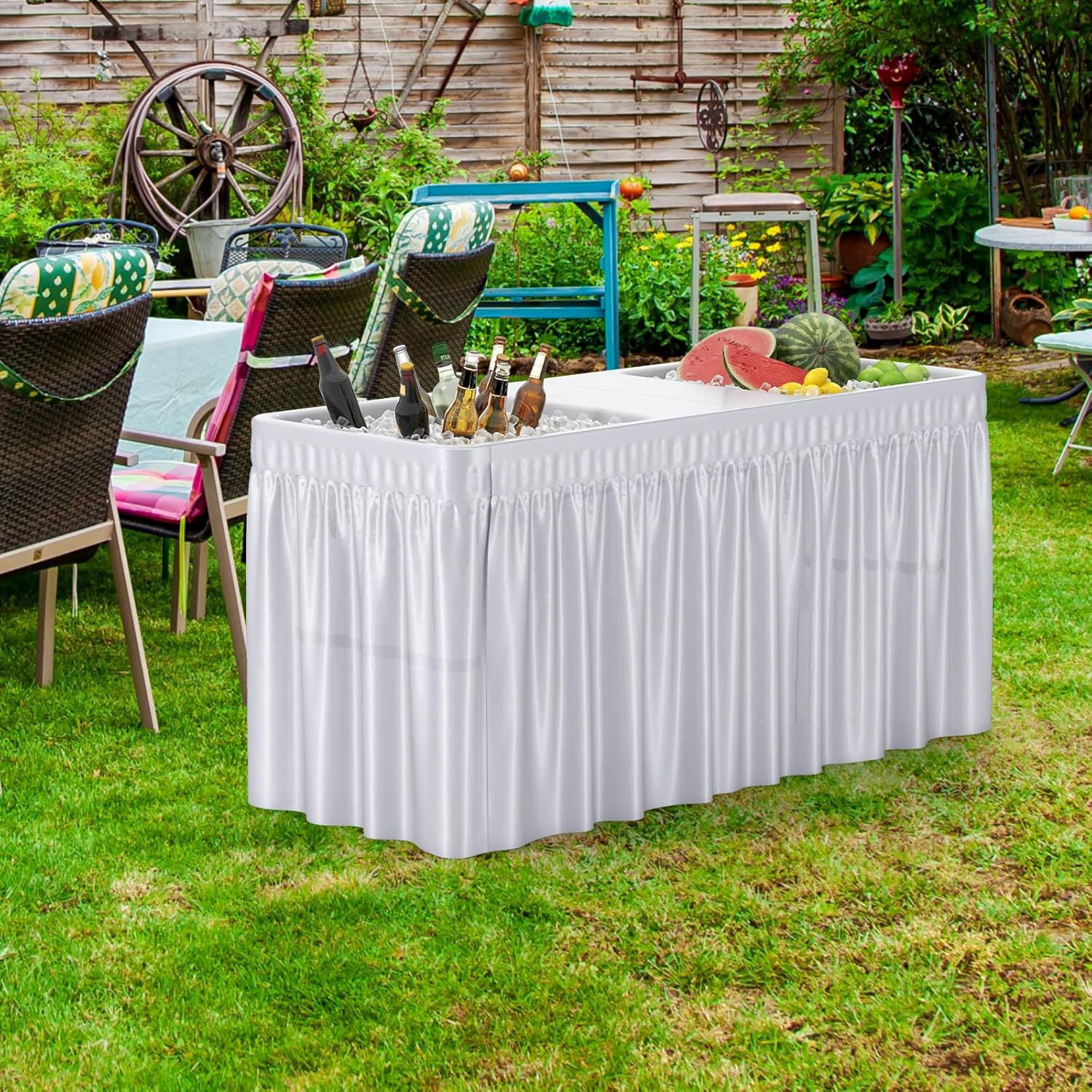 Tavolo Pieghevole Giardino 150 cm, Tavolo da Esterno con Doppi Lavelli, Tubi di Scarico, con Raffreddatore per Ghiaccio, Contenitore per Bevande, per Giardino Campeggio