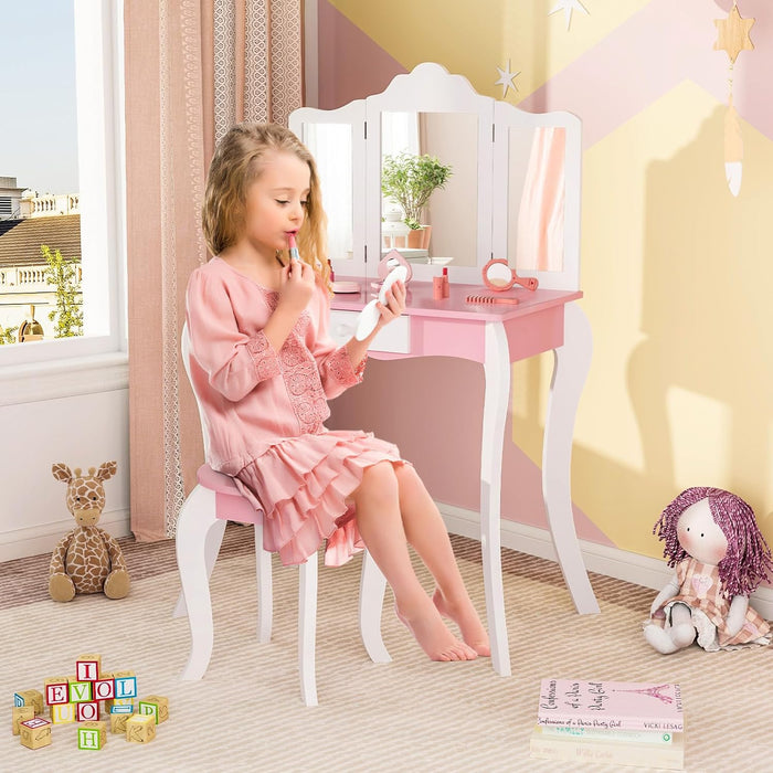 Set Toeletta da Trucco per Bambini, Toeletta Trucco con Specchio Triplo Pieghevole in Acrilico, Sgabello, Cassetto e Accessori, Bianco e Rosa