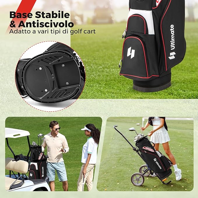 Borsa da Golf per Carrello con 14 Scomparti, Organizzatore Portatile per Mazze da Golf con Tasca Frigo, Tracolla Regolabile, Cappuccio Antipioggia e Porta Ombrello per Uomo e Donna
