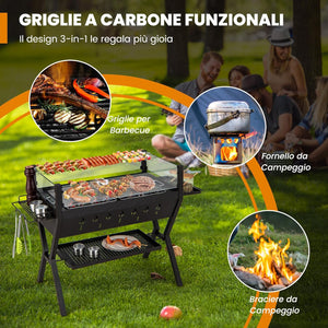 Barbecue a Carbonella, Griglia a Carbone Portatile con Protezione Antivento, Ripiani per Condimenti, Mensola Portaoggetti, per Cucinare, Campeggio e picnic