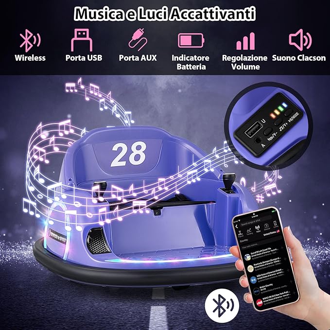 12V Autoscontro Elettrico per Bambini, Macchina Elettrica Cavalcabile con Telecomando, Luci Musica e Imbottitura Anti-collisione, Auto a Scontro per Bambini 18 Mesi + (Viola)