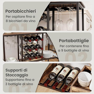 Carrello Bar a 3 Livelli, Carrello Portabevande con Portabicchieri, Portabottiglie, 8 Ganci e 2 Scatole Portaoggetti, Carrello di Vino per Cucina, Sala da Pranzo e Soggiorno
