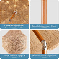 Ombrellone di Paglia in PP 208 cm, Ombrellone da Spiaggia Pieghevole, Parasole Hawaiano con Inclinabile in Metallo, Resistente all'Acqua e al Sole, per Spiaggia Giardino Balcone