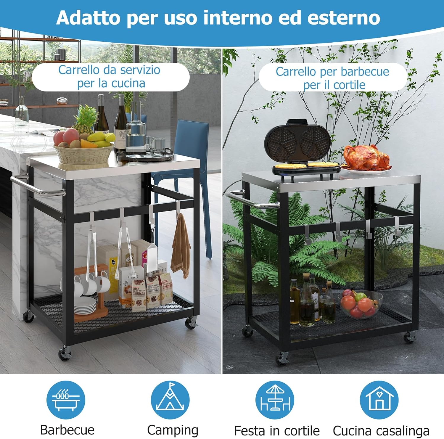 Carrello Grill da Esterno a 2/3 Piani, Supporto per Forno per con Piano e Maniglia in Acciaio Inossidabile, Carrello per Barbecue con Ganci e Ruote, Multiuso(2 Livelli)