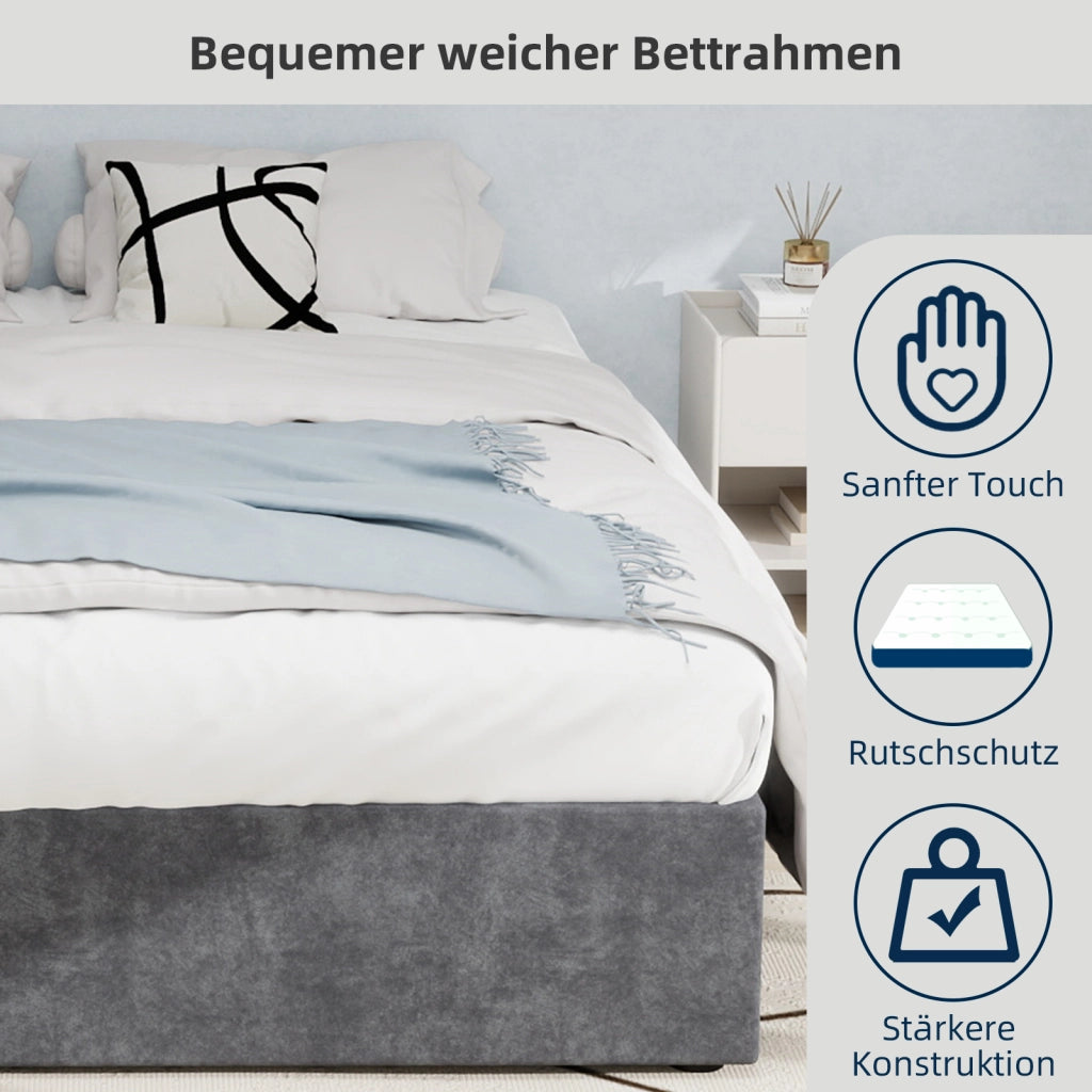 Letto Matrimoniale 160x200 cm - Testiera geometrica; Tessuto e metallo - Grigio