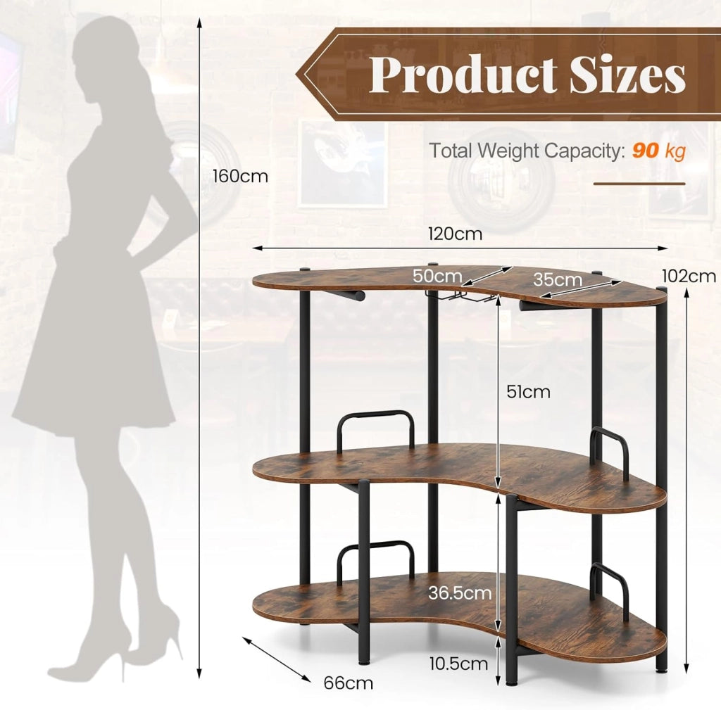 Unità Bar per Liquori, Tavolo Bar Angolare a 3 Ripiani con Portabicchieri da Vino, Altezza Corretta, Paracolpi Metallico Elevato, Scaffale per Vino per Cucina, Sala da Pranzo, Pub (marrone)