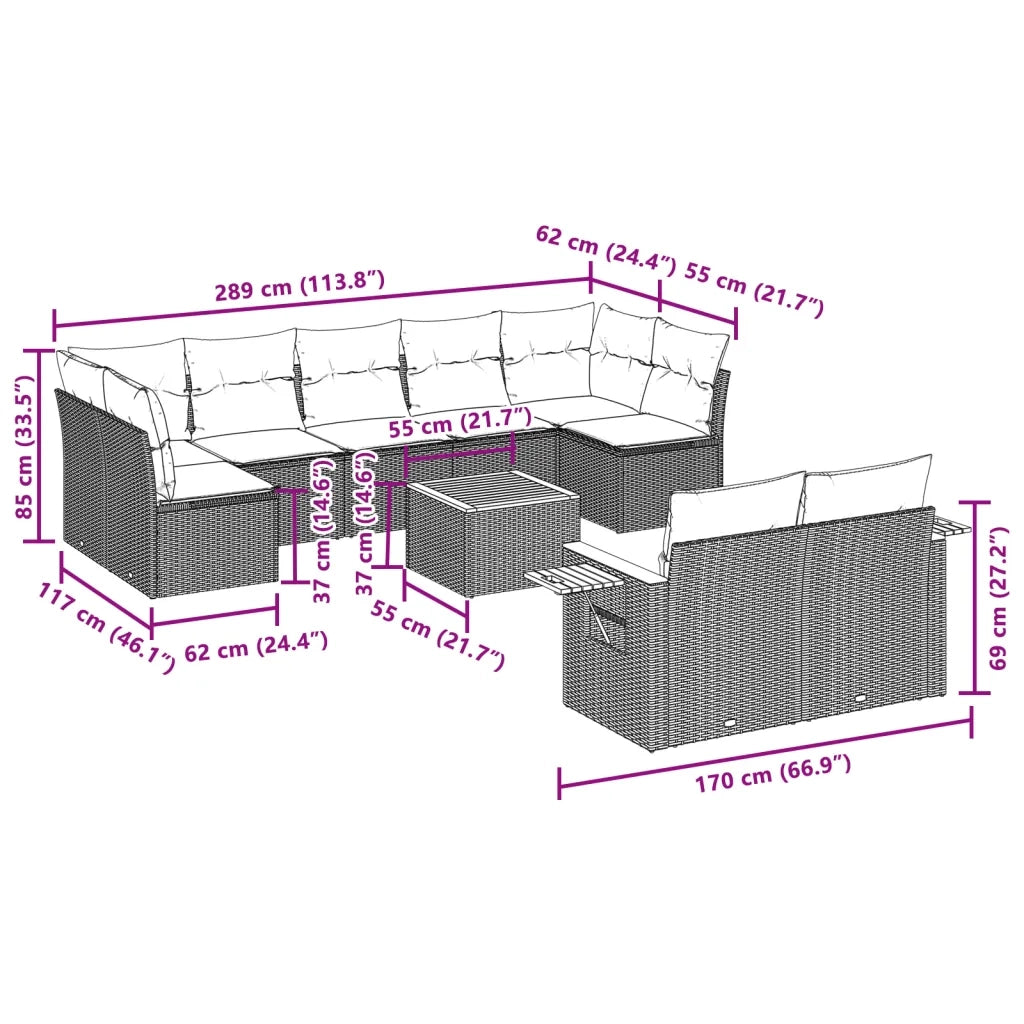 Set Divano da Giardino 10 pz con Cuscini Grigio in Polyrattan 3259540