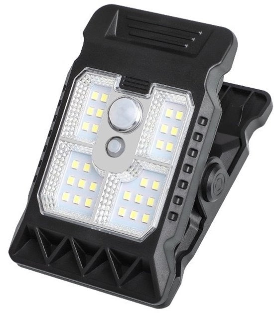 Lampada solare LED da 800lm con sensore di movimento per esterno, adatta per camping, tenda, lanterna, clip, parete, impermeabile, giardino, COB, terrazza esterna, lampada da appoggio per esterno per camping, cancelli, cancelli, cancelletti, garage
