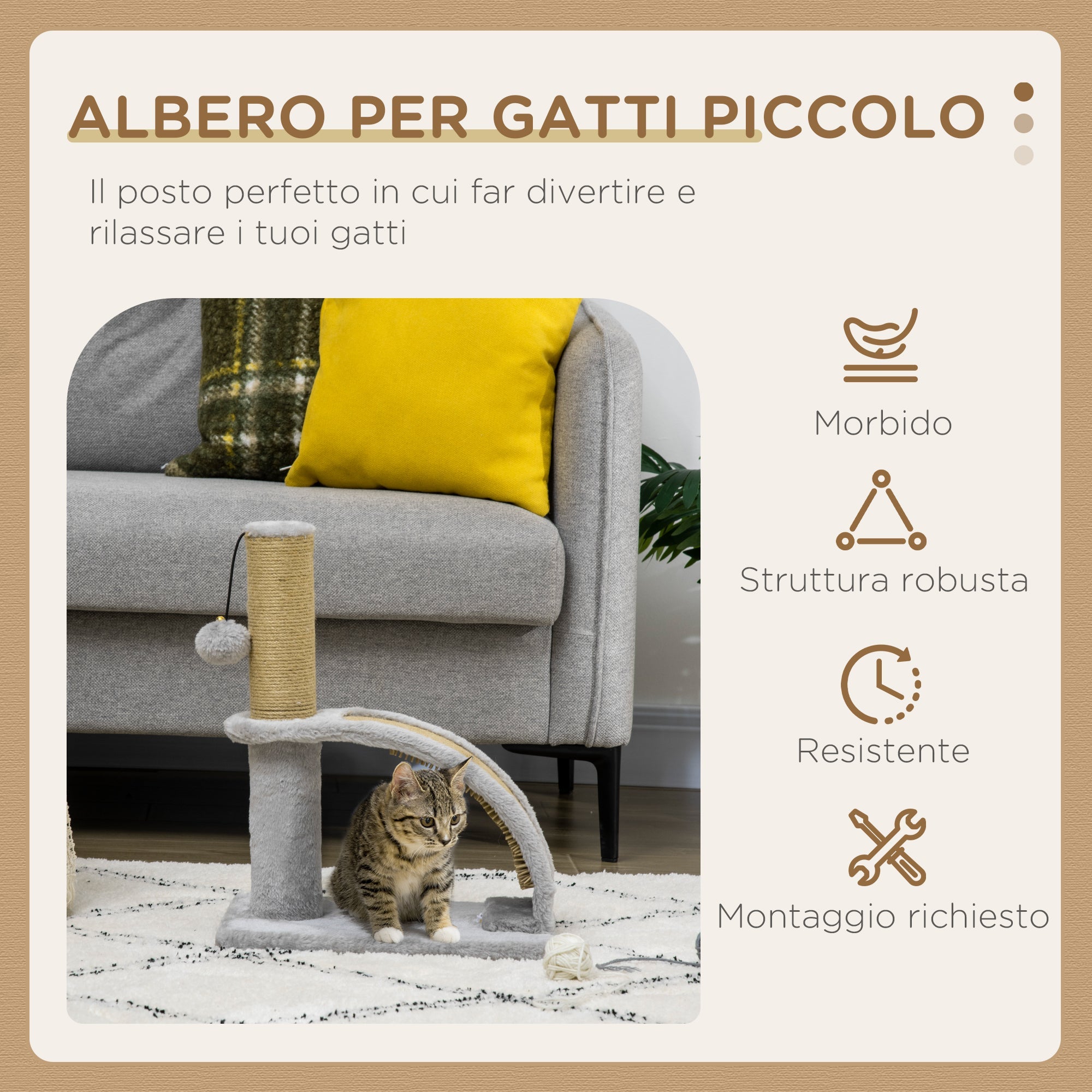 Tiragraffi per Gatti Albero con Arco Massaggiatore 34x24x43 cm in Iuta e Peluche Grigio
