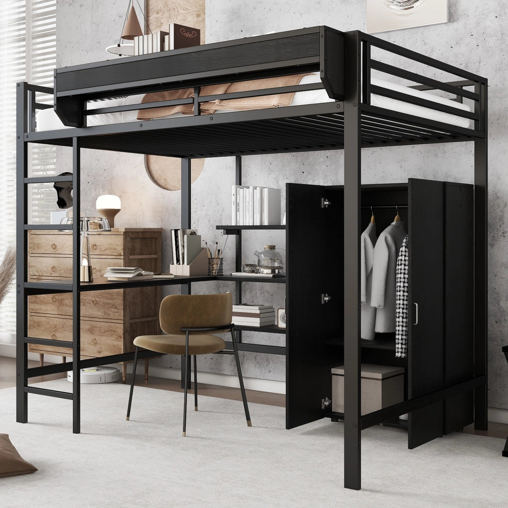 Letto a castello con scrivania e armadio 140x200 cm realizzato in MDF nero e metallo
