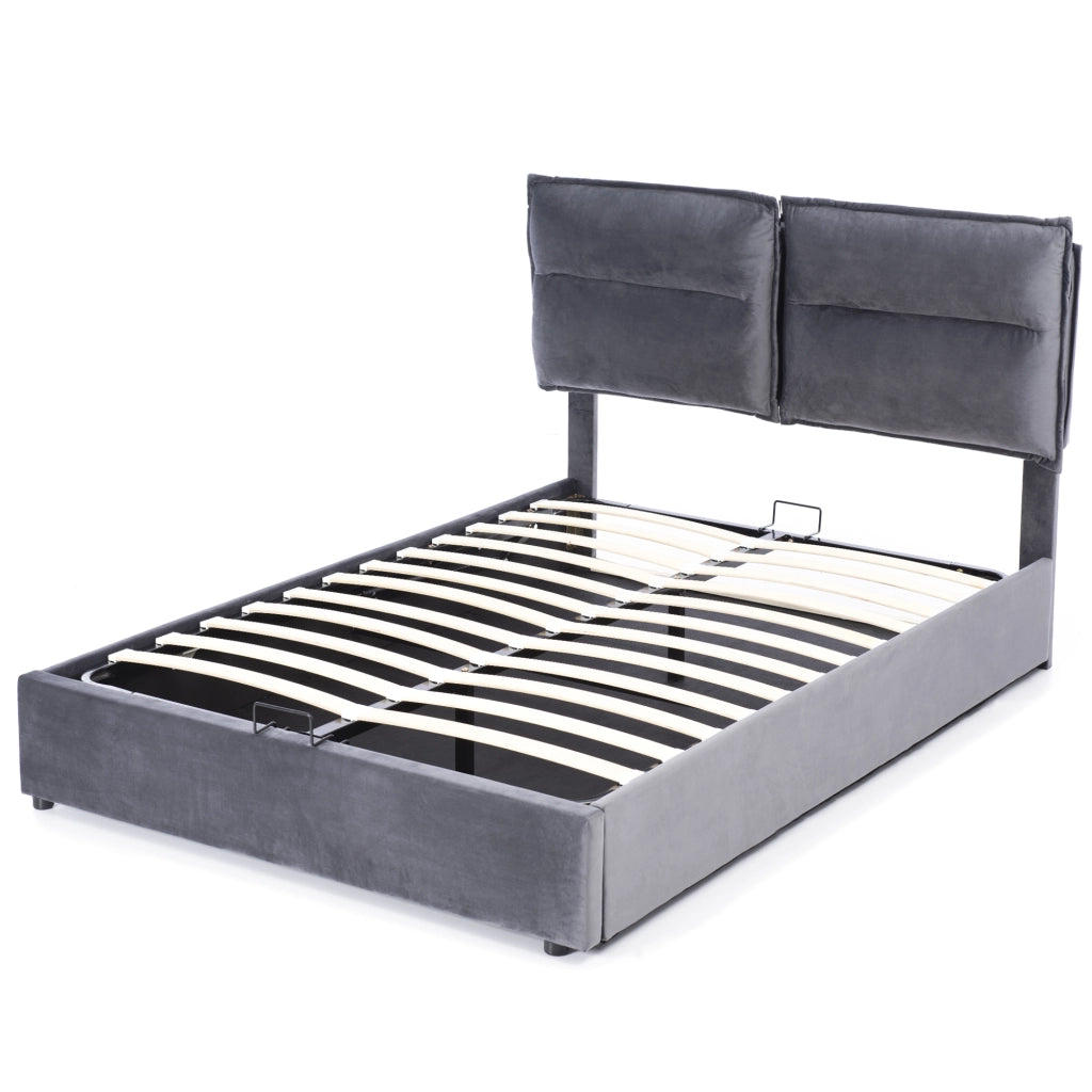 Letto Contenitore 140×200 cm; Letto Matrimoniale con Testiera Regolabile e Vano; senza Materasso; Velluto Grigio