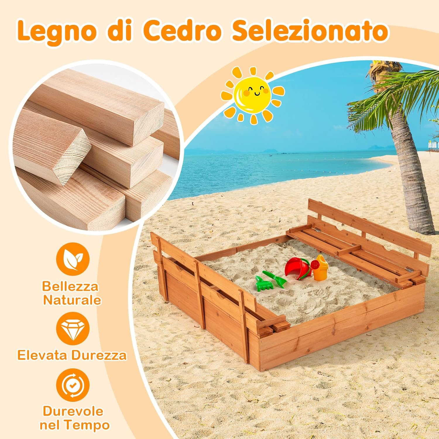 Sabbiera per Bambini in Legno, Sabbiera da Esterno con Coperchio, 2 Panchine con 4 Sedili Larghi e Schienali, Sabbonaia per Giardino, Patio e Cortile, 125 x 118 x 42,5 cm