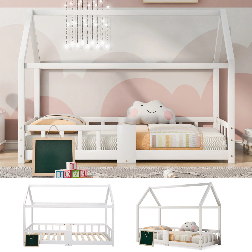 OKWISH Letto a Casetta 90×200 cm, Letto Singolo con Sponde di Sicurezza, Lavagna e 15 Doghe, senza Materasso, Bianco