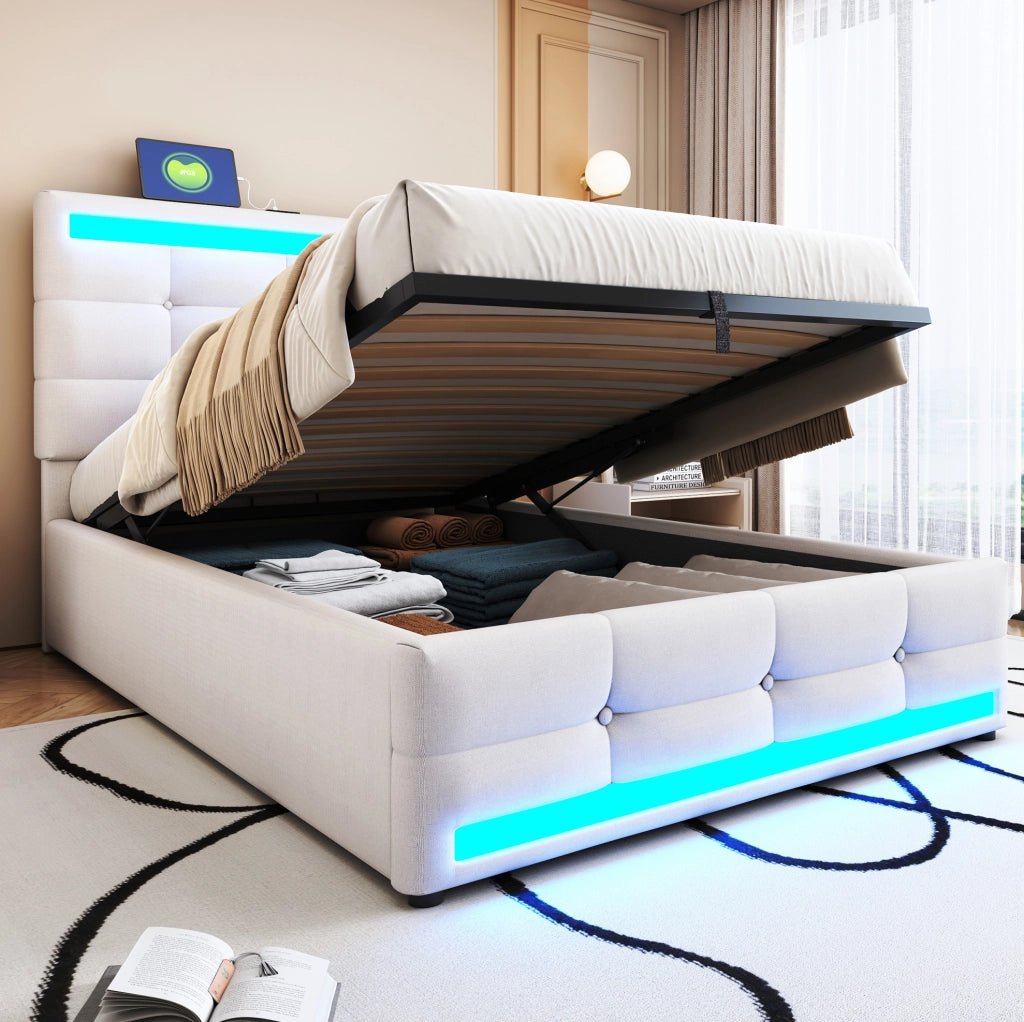 Letto imbottito 90x200 con luci LED RGB, USB e testiera regolabile