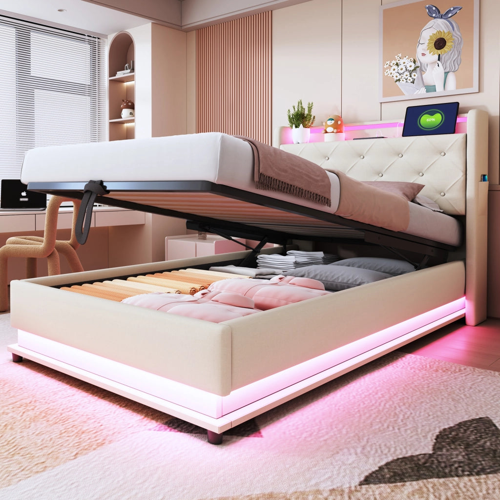 Letto singolo 90×200 cm con contenitore; testiera apribile; LED; USB e Type-C; senza materasso; lino; beige