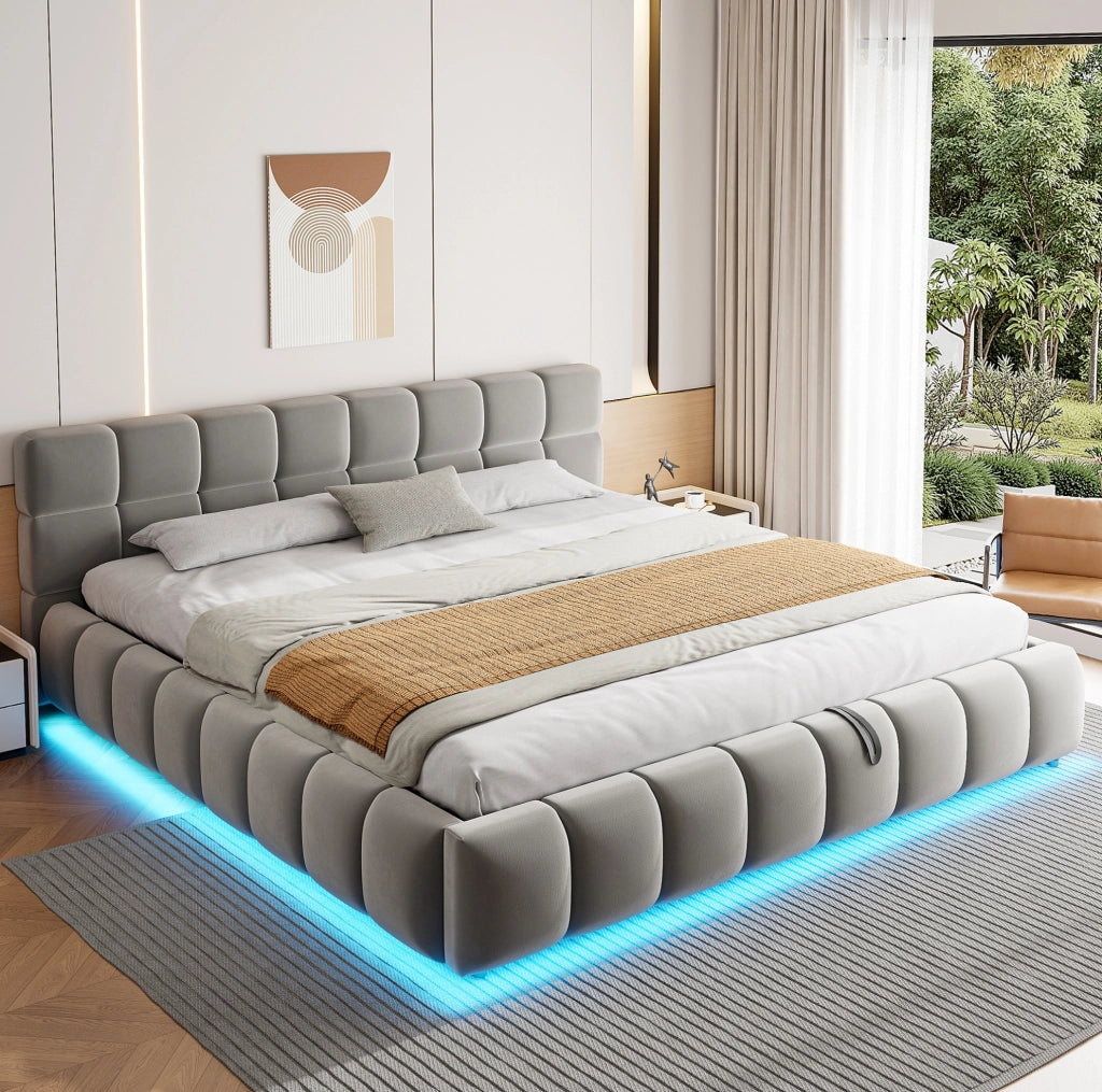 Letto imbottito 180x200 cm con contenitore idraulico e LED in velluto grigio