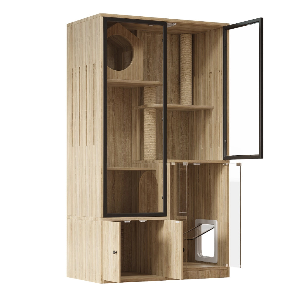 Villa per Gatti 90×50×160 cm con Porta Regolabile; Ripiani Multilivello; Tiragraffi e Vetro; Effetto Legno